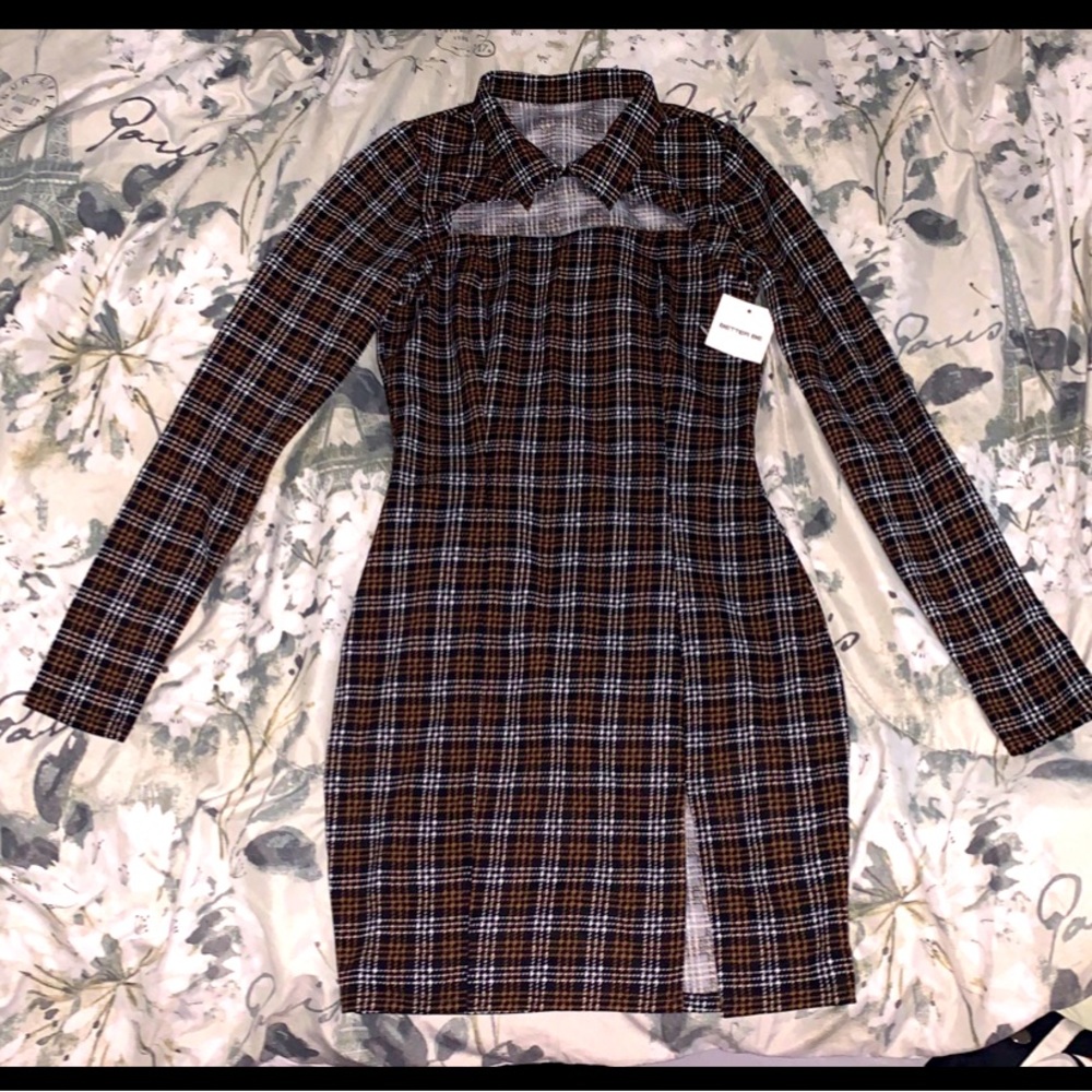 Plaid Long Sleeve Mini Dress With Front Slit